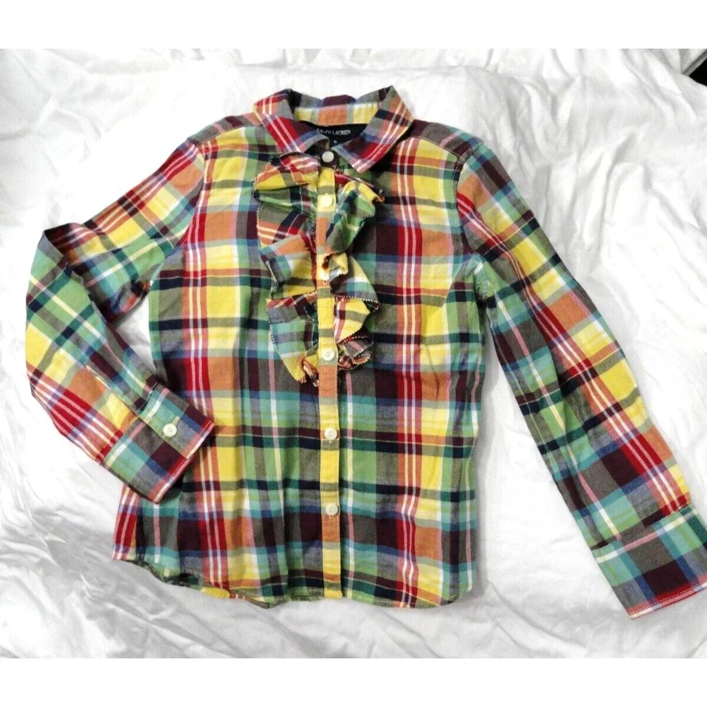 Ralph Lauren Button Up Long Sleeve Shirt Girls Size 5 Yellow Blue Plaid Ruffles
